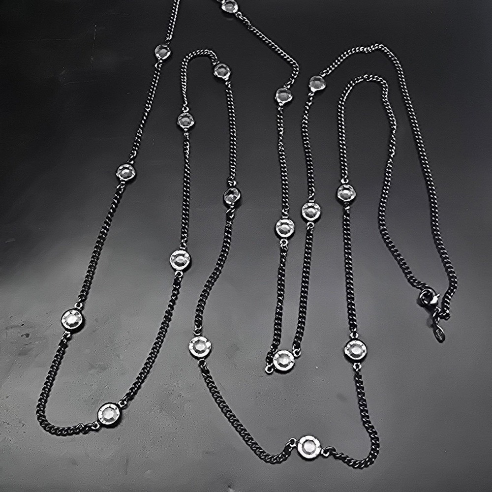 Premier Designs Gunmetal Chain Necklace Bezel Set Rhinestones